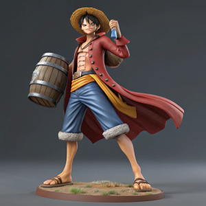 3D render of Monkey D. Luffy figurine from One Piece. Standing confidently with dramatic pose. Barrel and other iconic items from the series included. Detailed and dynamic design.
