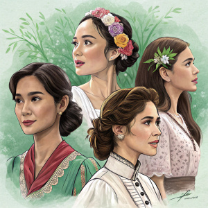 A graphic collage featuring Filipino actresses. Each actress in unique hairstyles and outfits. Soft green background with sketch-like texture. Traditional and modern aesthetics combined. Highlighting individual features and expressions.