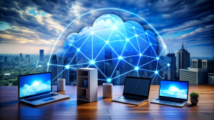 Cloud technology, computing. Devices connected to digital storage in the data center via the Internet, IOT, Smart Home Communication laptop, tablet, phone home devices with an online