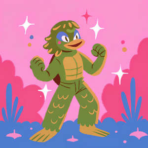 Kappa, the iconic League of Legends character, depicted in a cartoon-style illustration. Green skin, dynamic pose, set against a vibrant background filled with playful, stylized elements.