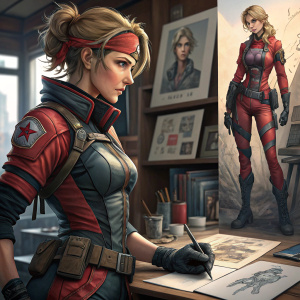 Sketches of a female character from Metal Gear Solid V, detailed costume designs and poses. Background is an artist's workspace.