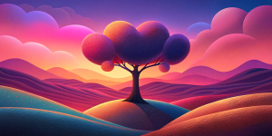 california steep rolling hills with large solitary oak tree in foreground center left, grainy shading, rounded ethereal, witchy, grainy pop art, rendered pink, red, maroon and orange only