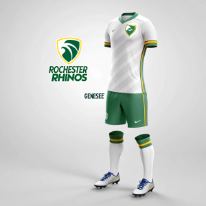 Digital artwork showcasing a new soccer uniform for Rochester Rhinos. Predominantly white with vibrant green accents. Features the Genesee logo. Short-sleeved jersey, green shorts, and soccer cleats. Created by Philip Srama on a clean gray backdrop.