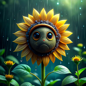 sad sunflower in rain