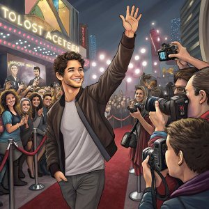 Tyler Posey at a Comic-Con event, surrounded by fans and paparazzi. Throngs of people with cameras, chaotic and energetic atmosphere.