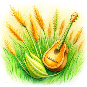 icon style, realystic, grass below and above, old etnical musical instrument, sun