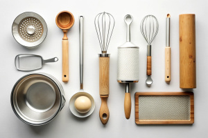 Flat lay composition with kitchen instruments on white background