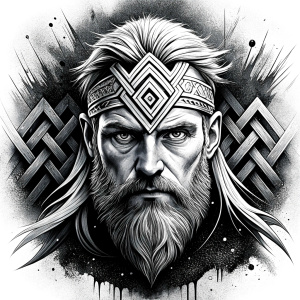 walhalla, viking warrior,  runics face, black work, white backrounds