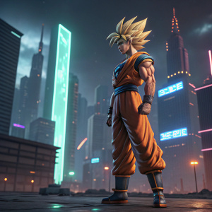 Highly detailed digital 3D model of Goku, standing in a battle-ready pose. Futuristic cyberpunk cityscape background