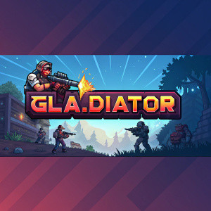 Digital banner for Fortnite, featuring 'Gla_diator' in bold, pixel-art style. Vibrant colors and dynamic gaming elements. Battle Royale theme.