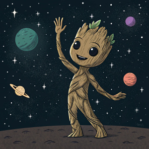 Stylized image of Baby Groot from Guardians of the Galaxy. Dark space background filled with stars and planets.