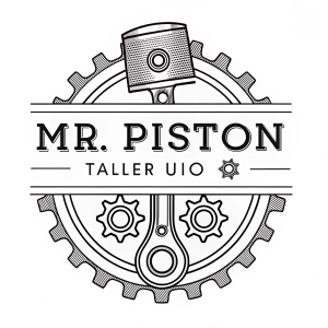 Black and white line-art logo for Mr. Piston, featuring industrial design elements and the text 'Mr. Piston' and 'Taller - UIO'.