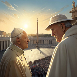 Pope John Paul II conversing with a man wearing a white hat. Crowded plaza, sunny day.