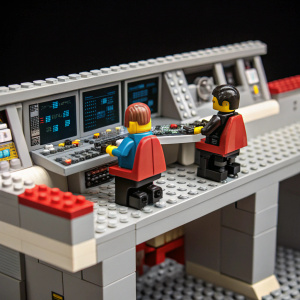 A creative Lego model of Star Trek Enterprise bridge. Detailed minifigures sitting at controls. Dark background.