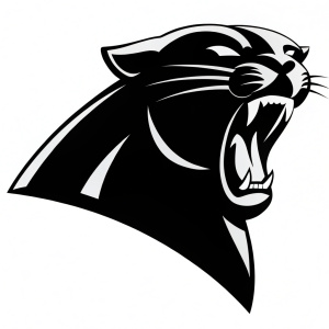Stylized vector artwork of Carolina Panthers logo. Black and white, showing fierce panther with sharp lines, open mouth revealing teeth.