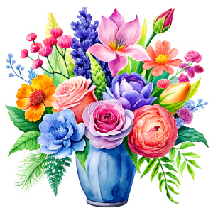 Watercolor image ,pink iris , pink daffodil ,orange snapdragon , mint gladioluspale roses, pink popy ,rose pink aster ,pink canna ,yellow calla , celosla , olive patunias ,pink lilac ,leek ,yellow hyacinth , a cobalt blue huge french decorated WITH FLOWERs Vase with green blue ornaments ,on a white wall, watercolor