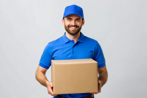 Delivery man delivering holding parcel box to customer