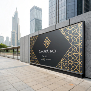 Sophisticated outdoor billboard for Sahara INOX. Geometric gold and gray pattern, prominently featuring the logo, email, and phone number. Mounted on a sleek city wall, creating a modern vibe.