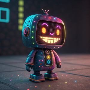 Mister Glitchy, a playful digital character, filled with vibrant glitches and sparkling pixels.