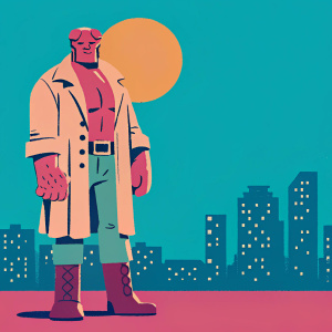 Digital concept art of Hellboy, standing on an urban rooftop at sunset. Skyscrapers and city lights in the background.
