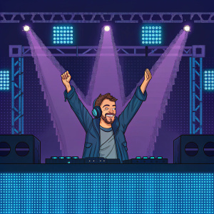 Benny Benassi, DJ, mid-celebration. On stage, bright blue and purple lights, pixelated LED wall backdrop, surrounded by stage equipment.