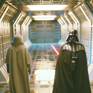 3D render of a Star Wars scene, showcasing the dark and sleek Imperial corridor. Detailed design with vibrant lights and metallic textures.