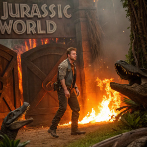 Chris Pratt as Owen Grady, standing in a fiery portal with ancient beasts. Jurassic World logo and narrative arc displayed. Cinematic backdrop with flames and chaos in the background.