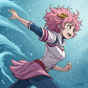 Illustration of Mina Ashido, female character from 'BNHA', pink hair, dynamic pose, blue background