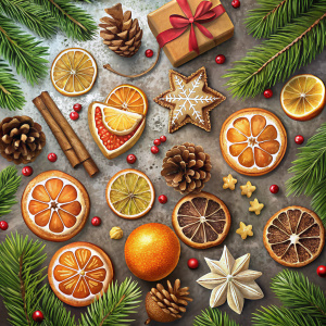 Christmas composition,top view, Spruce branches around the edges, cookies, cinnamon, dry orange, gifts, Christmas balls with a pattern