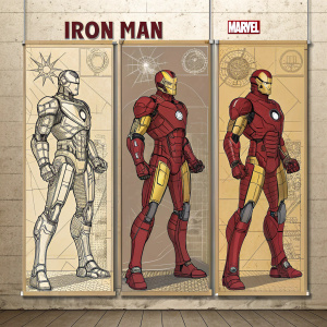 The iconic evolution of Iron Man's suit, from blueprint to brilliance, is showcased in a series of detailed panels. The vibrant red and gold armor stands as a testament to ingenuity, with the Marvel logo boldly displayed at the forefront. A visual journey through design and concept rendered in exquisite detail.