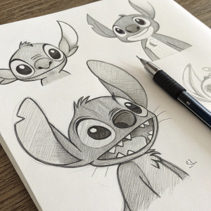Detailed sketches of Lilo and Stitch characters. Various angles and expressions. Pencil drawing on paper