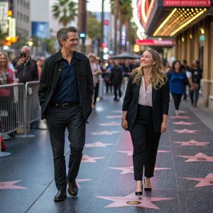 Timothy Olyphant and Drew Barrymore walking the bustling, star-studded Hollywood Walk of Fame.
