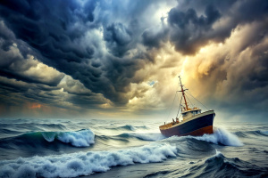 Boat in distress. A ship sailing in the storm on a rough sea, about to sink. A clearing in the sky could prevent it from disaster.