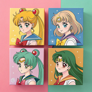 Illustration of Sailor Moon characters. Malachite, Saturn, Venus, Neptune, Calabas, and Fish Eye in vibrant colors and original anime style. Each character in separate box with unique hairstyles and clothing. Backgrounds in distinct colors. Neat and organized composition.