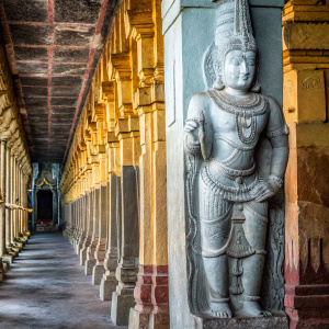 Ancient stone statue of Nagaraja located inside a grand temple complex in Tamil Nadu, India. The deity is depicted wearing a lavish headdress and adorned with intricate stone carvings. Surrounded by dimly lit corridors and pillars.