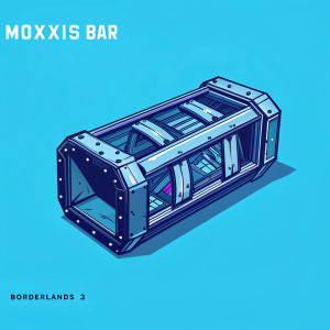 A detailed shot of Moxxi's Bar from Borderlands 3. Modular components unfold like an intricate architectural puzzle. Predominantly gray with pink accents, the design is both futuristic and industrial. The Borderlands 3 logo prominently displayed.