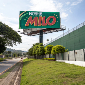 A promotional billboard featuring Nestlé Milo in Spanish. Vibrant green backdrop with bold, stylized text.