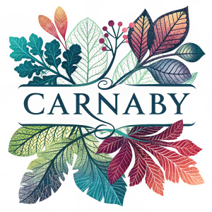 Carnaby's logo, featuring a vibrant leaf pattern intertwined with the brand's name, stands out against a stark white background. The design combines contemporary mysticism with digital elegance, showcasing the brand's name in bold, modern font.