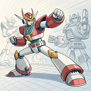 Line art illustration of a robot figure from the Medabots franchise. Dynamic pose, intricate details, flat line art style, sketch quality background is a grid pattern