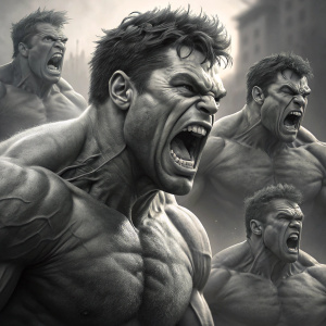 Digital art piece showcasing various aggressive expressions and powerful stances of The Hulk. Grayscale render, depicting the iconic Marvel character's muscular physique.