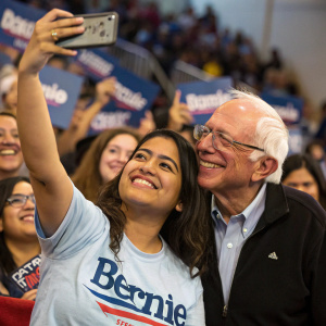 Hispanic woman, wearing a Bernie Sanders campaign t-shirt, taking a selfie with Bernie Sanders at a vibrant political rally. Crowd cheering in background