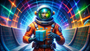 
An astronaut, like in the game Lethal Company, in an orange suit, holding a 3x3 Rubik's Cube against the backdrop of a space tunnel.