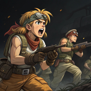 Realistic illustration of Metal Slug characters. Detailed faces, dark background. Action pose.