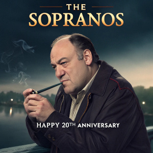 Poster for 'The Sopranos' 20th Anniversary. James Gandolfini holding a pipe, expressionless. Elegant font reading 'Happy 20th Anniversary'