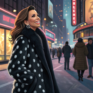 Eva Longoria, smiling warmly, dressed in a black polka dot fur coat. On a bustling city street at night.