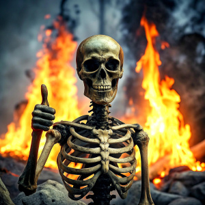 The burned skeleton shows a "thumbs up" symbol