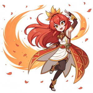 Close-up of Anthuria from Granblue Fantasy. Fiery hair and vibrant orange aura. Dynamic pose. Bold lines and solid colors. Simple white background with floating orange elements.