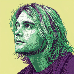 Digital portrait of Kurt Cobain. Using pixel art style with vibrant green and purple colors.