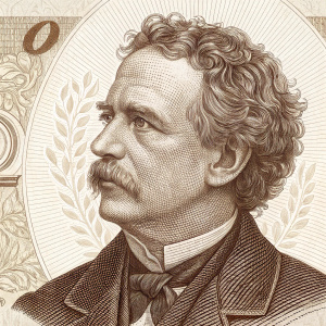 Historical banknote featuring Carl Ritter von Ghega. Engraved portrait in sepia tones. Curly hair and mustache prominent. Intricate patterns and textures. Detailed engraving techniques
