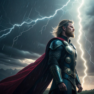 Chris Hemsworth as Thor, standing in a thunderstorm, eyes glowing, dramatic stormy sky background